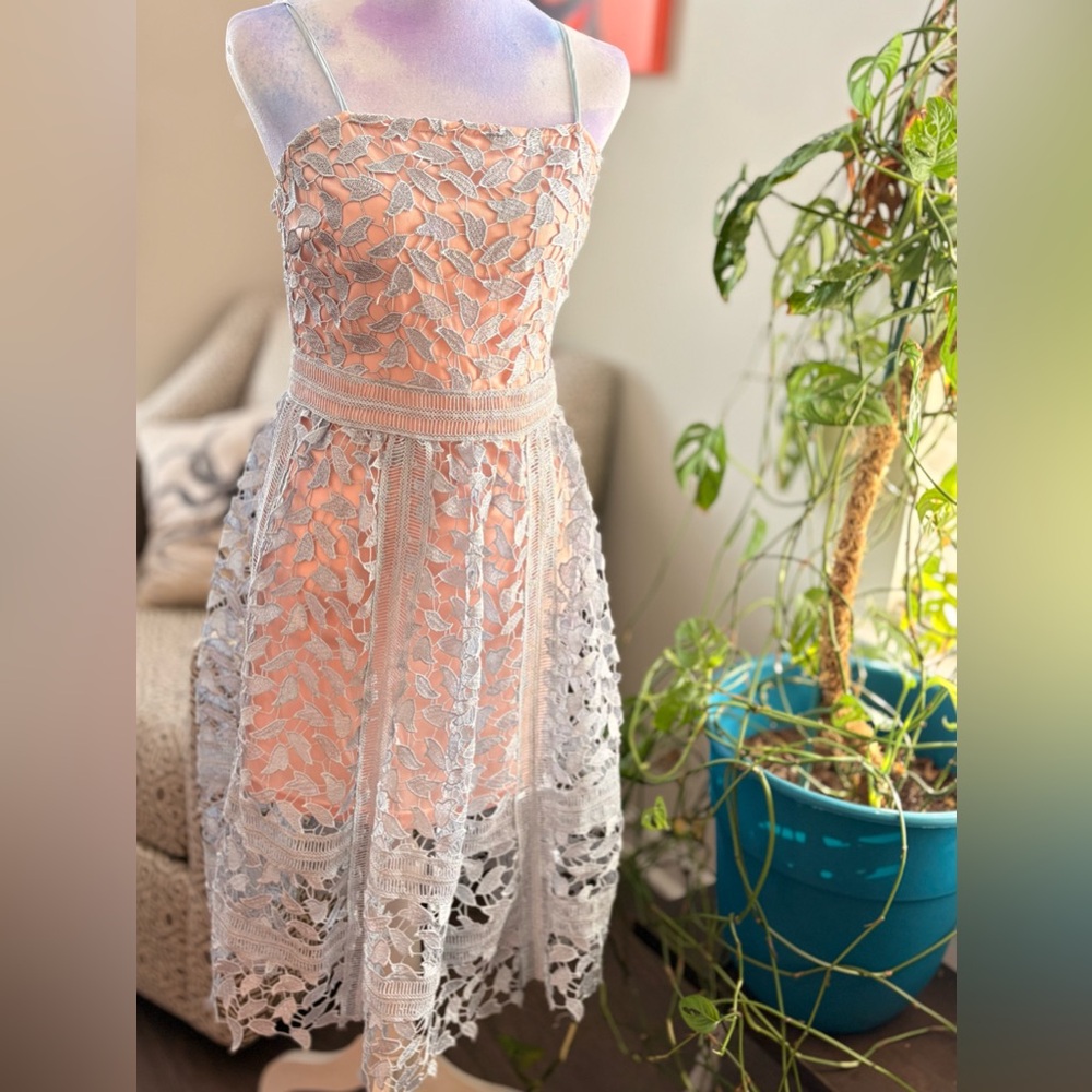 Boohoo Light Blue & Pink Lace Midi Dress